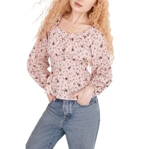 Madewell Floral Print Peplum Sophia Top Square‎ Neck Long Sleeve Pink Size M